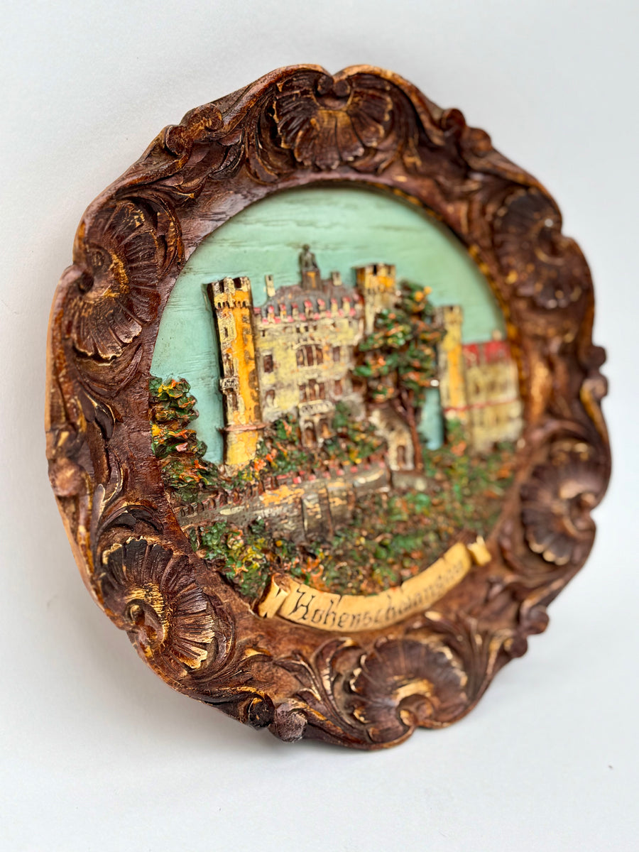 Vintage German Hohenschwangau Castle hand painted resin carved wall plaque
