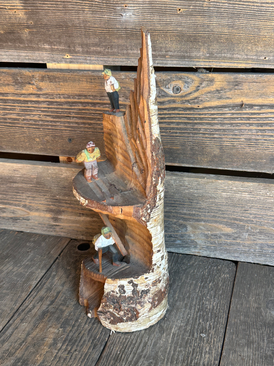 Carved Mountaineer Skier Scene - Birch Log 14" tall