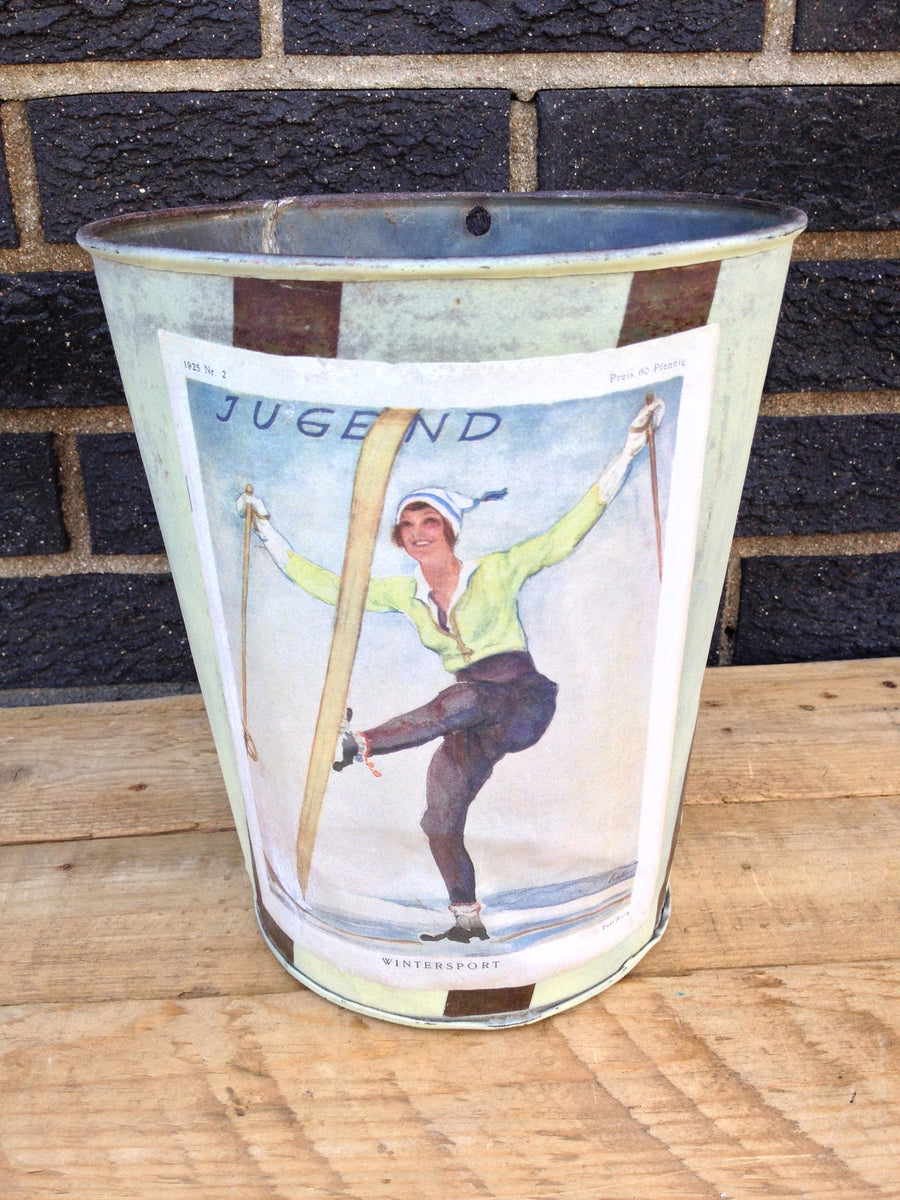 Ski Decor Trash Can - Vintage Maple Sap Can - Jugend Light Blue and Dark Stripe