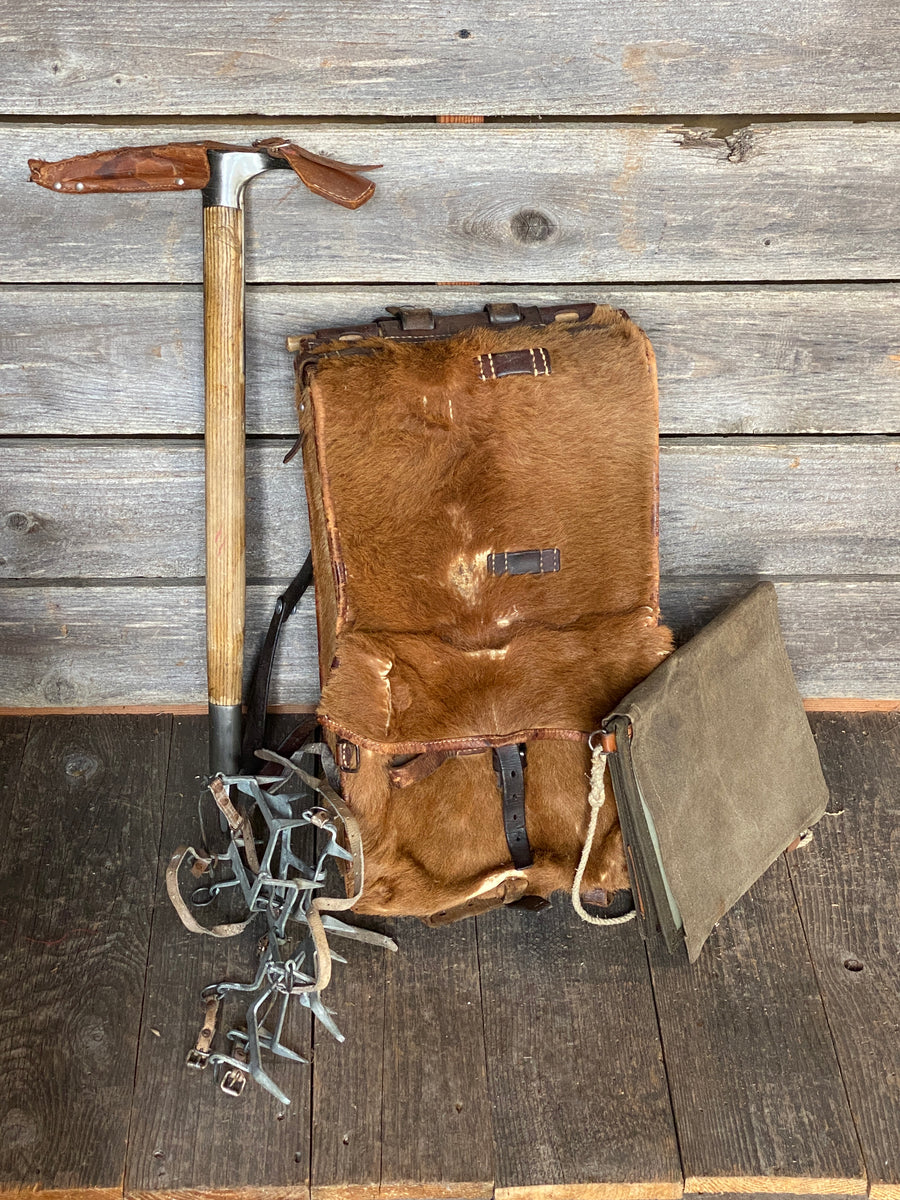 Vintage Climbing Collection for Decor: Mountaineering Axe, Cowhide Pack, Crampons, Map Case
