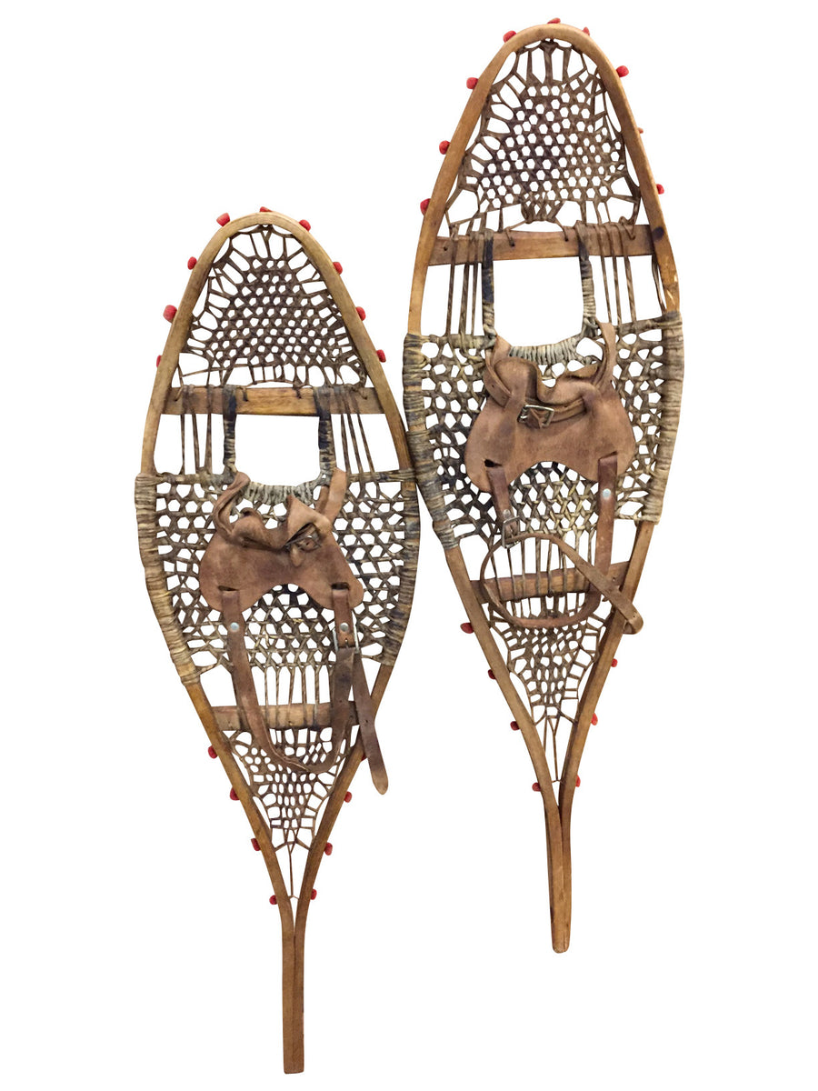 Antique Native American Indian Snowshoes With Red Pom Poms