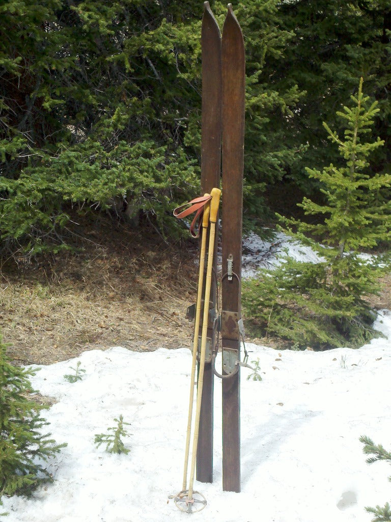 Vintage Wooden Skis with Ski Poles