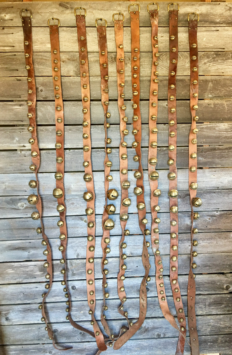 Sleigh Bells - 9 sets of brass bell strands on vintage brown leather in varying sizes