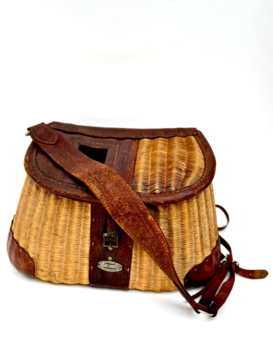 Vintage George Lawrence Fishing Creel - Woven Split Reed with Leather