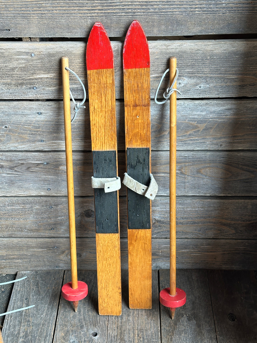 Vintage Childrens Winter Skis - with poles