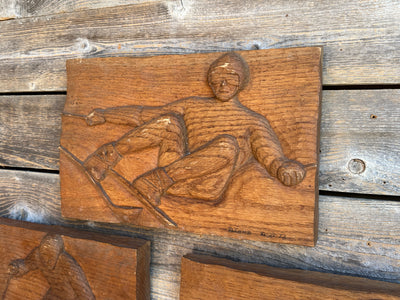 Bas Relief Downhill Skier Carvings (Set of 4)