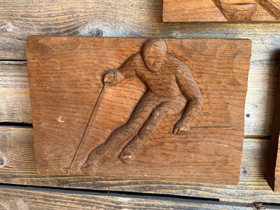Bas Relief Downhill Skier Carvings (Set of 4)