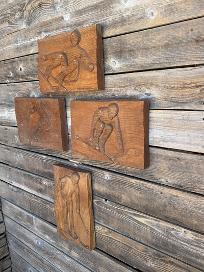 Bas Relief Downhill Skier Carvings (Set of 4)