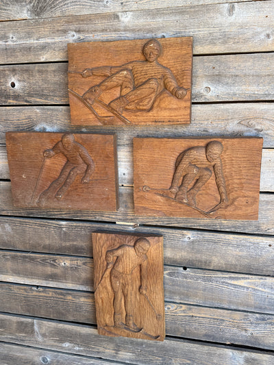 Bas Relief Downhill Skier Carvings (Set of 4)
