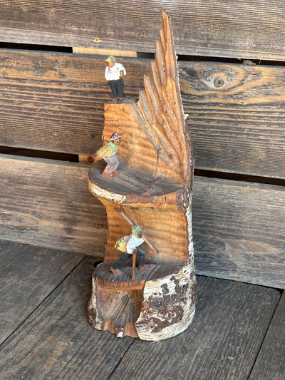 Carved Mountaineer Skier Scene - Birch Log 14" tall