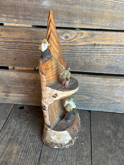 Carved Mountaineer Skier Scene - Birch Log 14" tall
