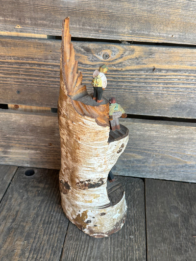 Carved Mountaineer Skier Scene - Birch Log 14" tall