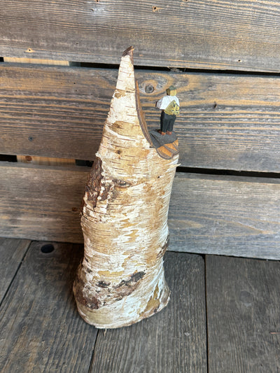Carved Mountaineer Skier Scene - Birch Log 14" tall