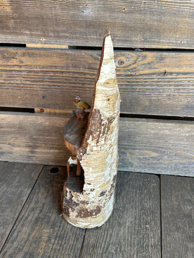 Carved Mountaineer Skier Scene - Birch Log 14" tall