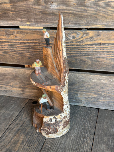 Carved Mountaineer Skier Scene - Birch Log 14" tall