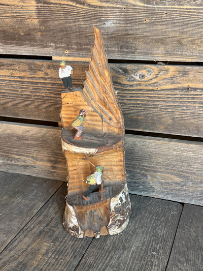 Carved Mountaineer Skier Scene - Birch Log 14" tall