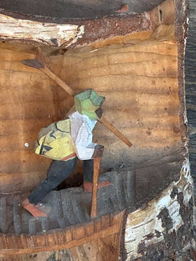 Carved Mountaineer Skier Scene - Birch Log 14" tall
