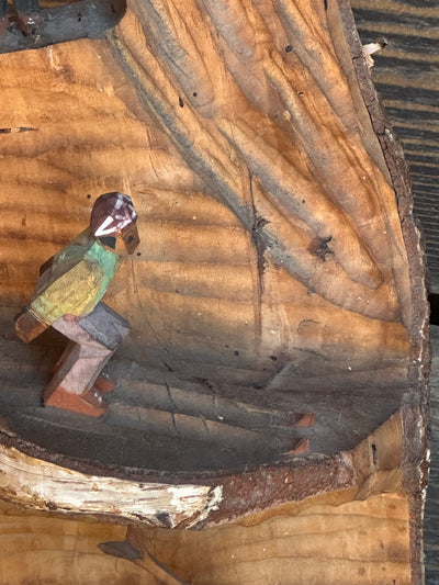 Carved Mountaineer Skier Scene - Birch Log 14" tall