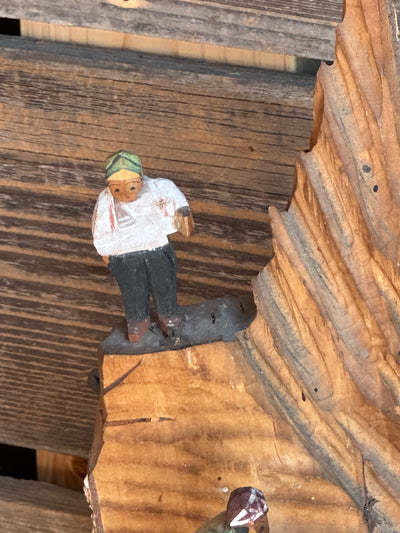 Carved Mountaineer Skier Scene - Birch Log 14" tall