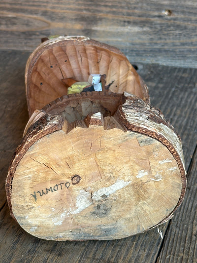 Carved Mountaineer Skier Scene - Birch Log 14" tall