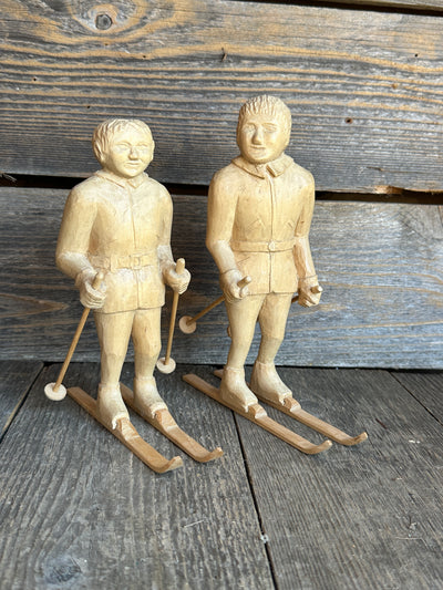 Pair of Carved Wood Skier Figures