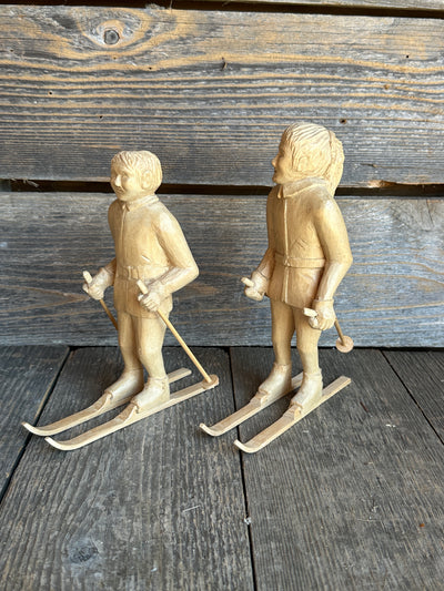 Pair of Carved Wood Skier Figures