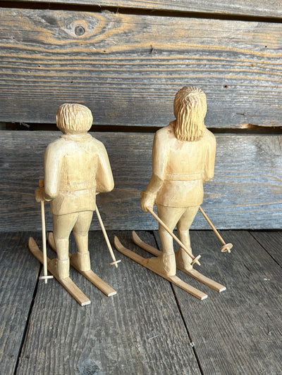 Pair of Carved Wood Skier Figures