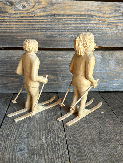Pair of Carved Wood Skier Figures