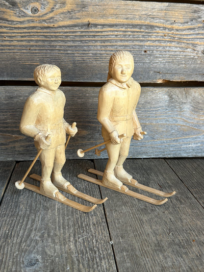 Pair of Carved Wood Skier Figures