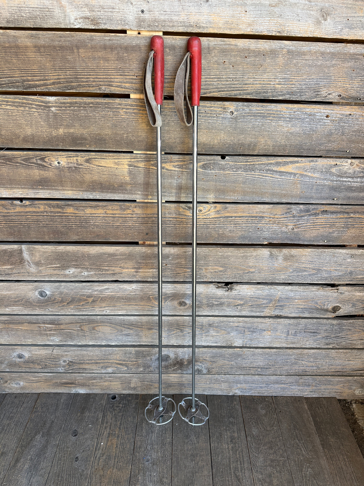 1950s Metal Downhill Ski Poles - Red Grips