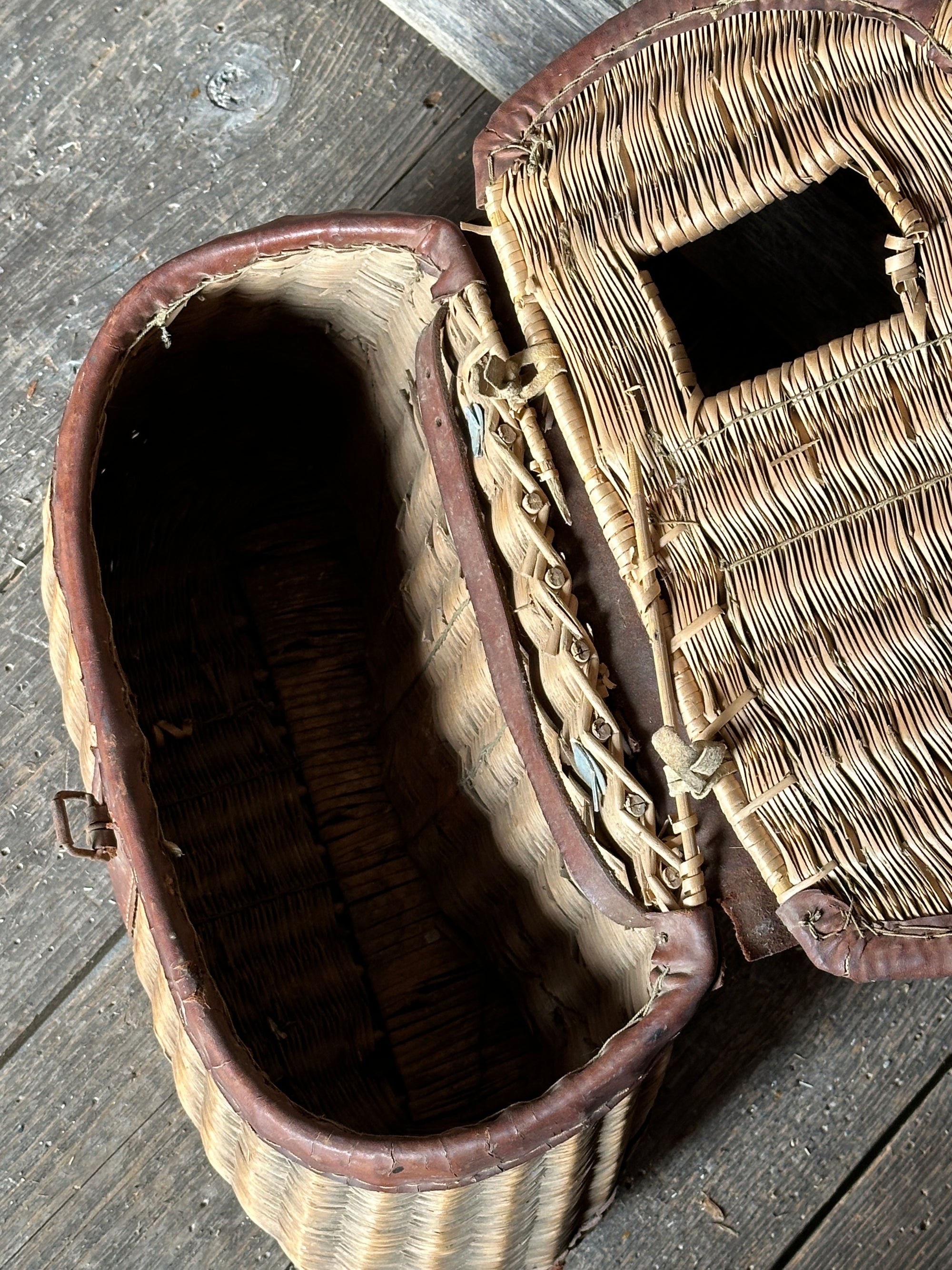 Authentic vintage Kreel, Fish Basket. Tooled Leather Strap, Leather  Accents. Rustic, Cottage Core, Primitive.