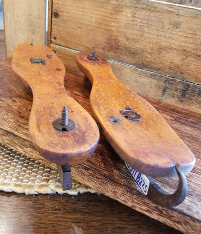 Primitive Antique Ice Skates with Wood and  Hand Forged Blades and Unique Curl