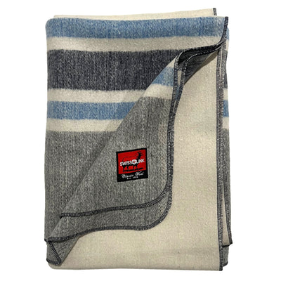 Cream / Grey with  Blue Stripes Wool Blanket