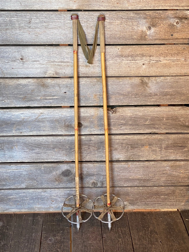Antique Bamboo Ski Poles with leather straps - VintageWinter