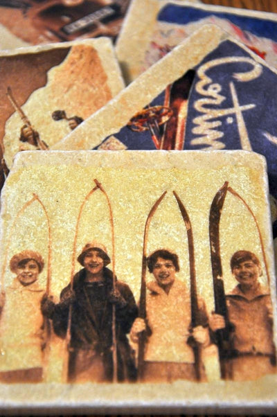Set of 4 Vintage Marble Ski Coasters - Girls of Skiing