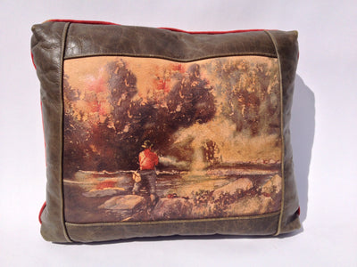Leather and Fabric Pillow - Vintage Fisherman