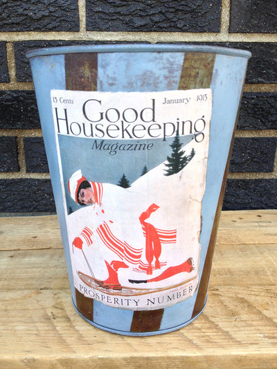 Ski Decor - Vintage Maple Sap Can - Good Housekeeping Magazine Woman Snowshoer