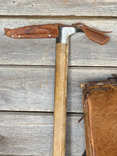 Vintage Climbing Collection for Decor:  Mountaineering Axe, Cowhide Pack, Crampons, Map Case