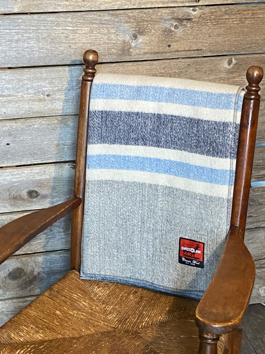 Cream / Grey with  Blue Stripes Wool Blanket