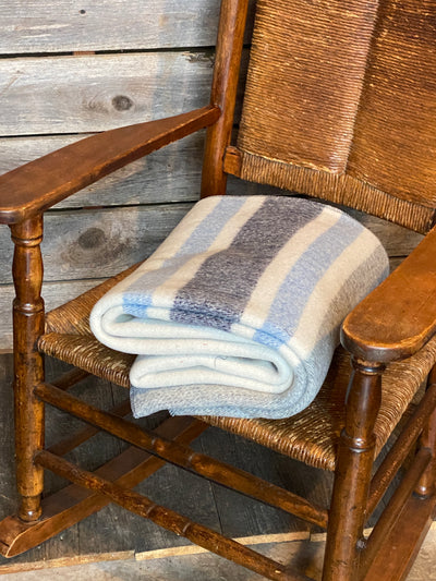 Cream / Grey with  Blue Stripes Wool Blanket