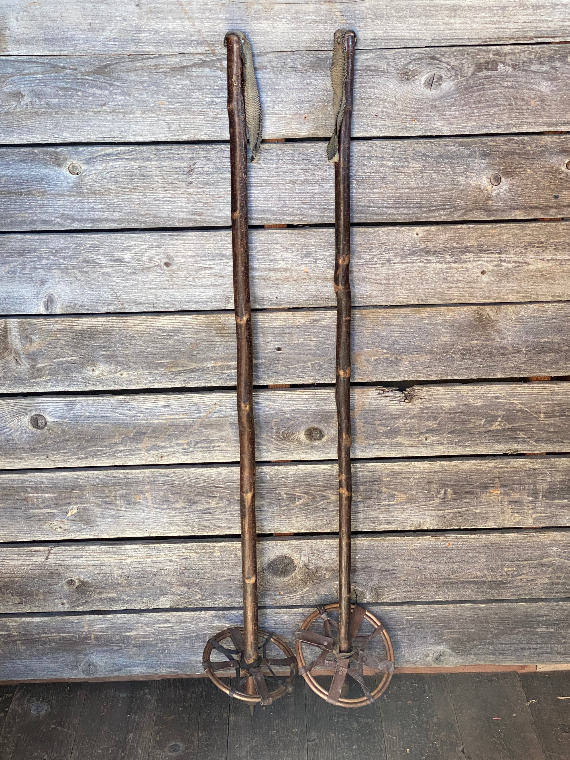 antique olympic octagon wooden fishing poles Antique Hickory Ski Poles