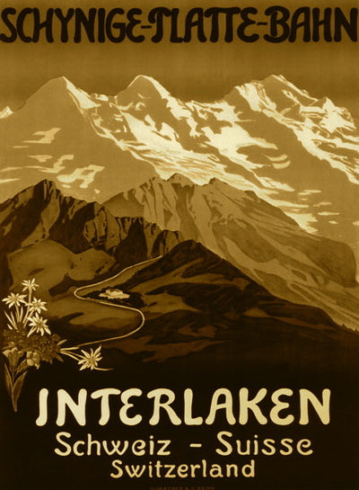 Vintage Ski Poster - Sepia Interlaken Swiss Mountains