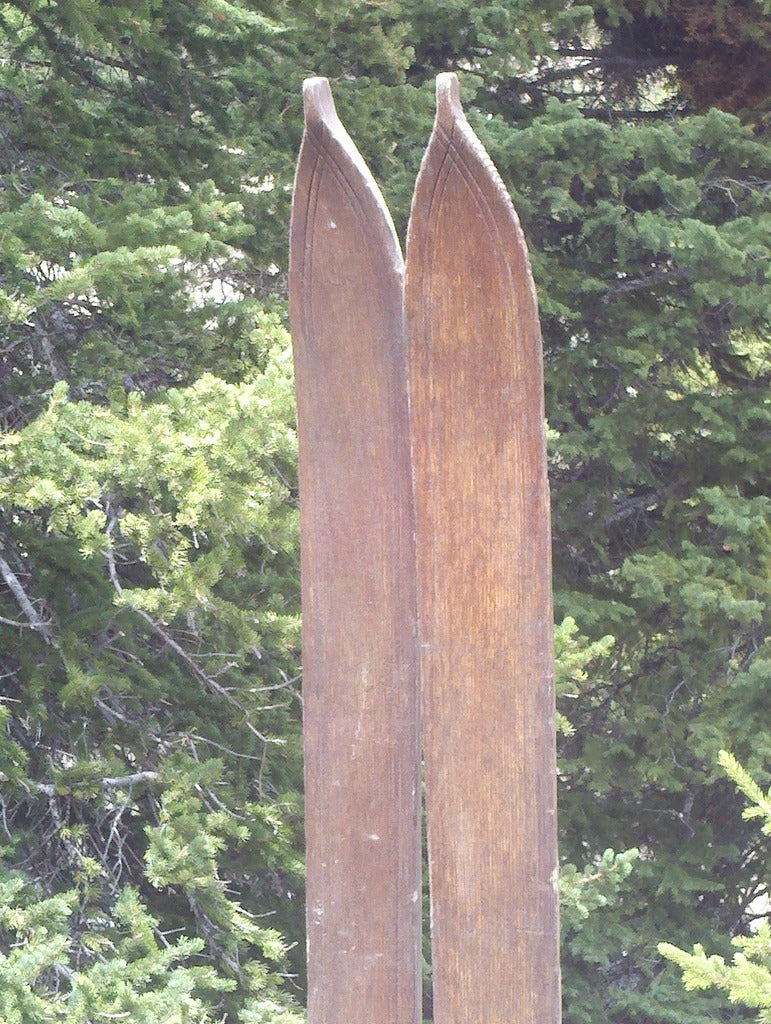 Vintage Wooden Skis with Ski Poles