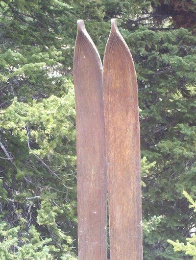 Vintage Wooden Skis with Ski Poles