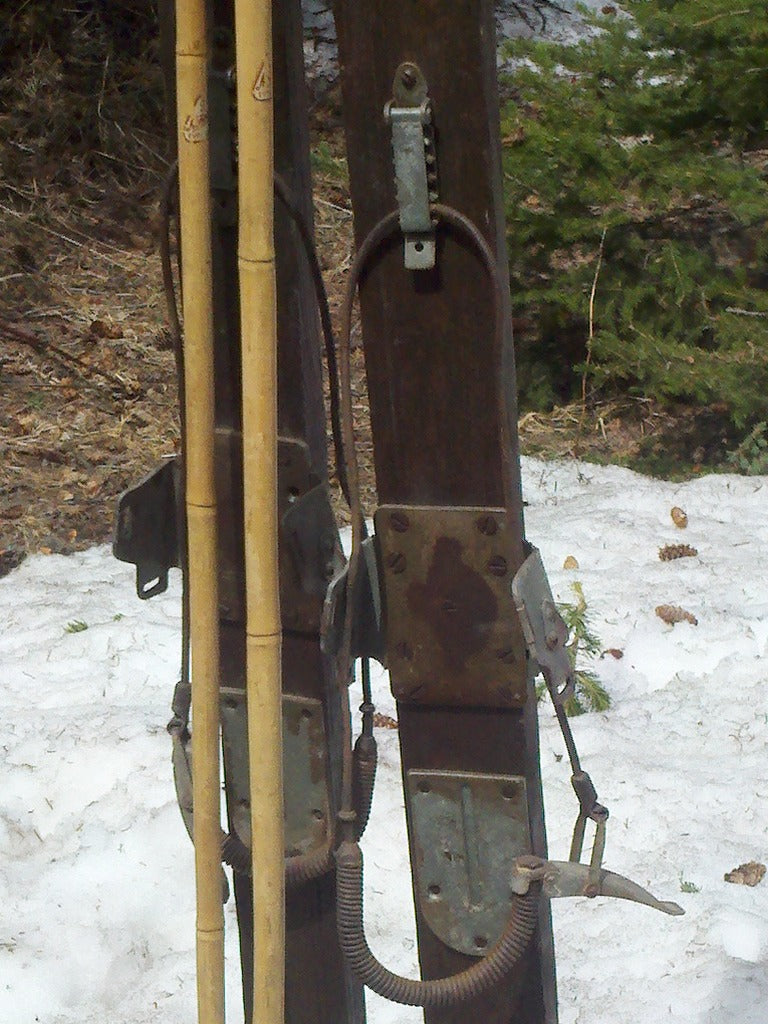 Vintage Wooden Skis with Ski Poles