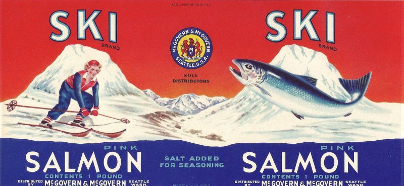 70年代 ビンテージ SKIPOLES＆SKI スキー デザイン ポスター Vintage Ski Poster - Ski Brand Pink Salmon Label - VintageWinter