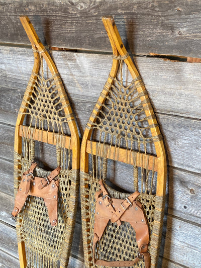 Vintage Pointed Tip Wood Snowshoes 48" with Leather Bindings