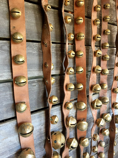 Sleigh Bells - 9 sets of brass bell strands on vintage brown leather in varying sizes