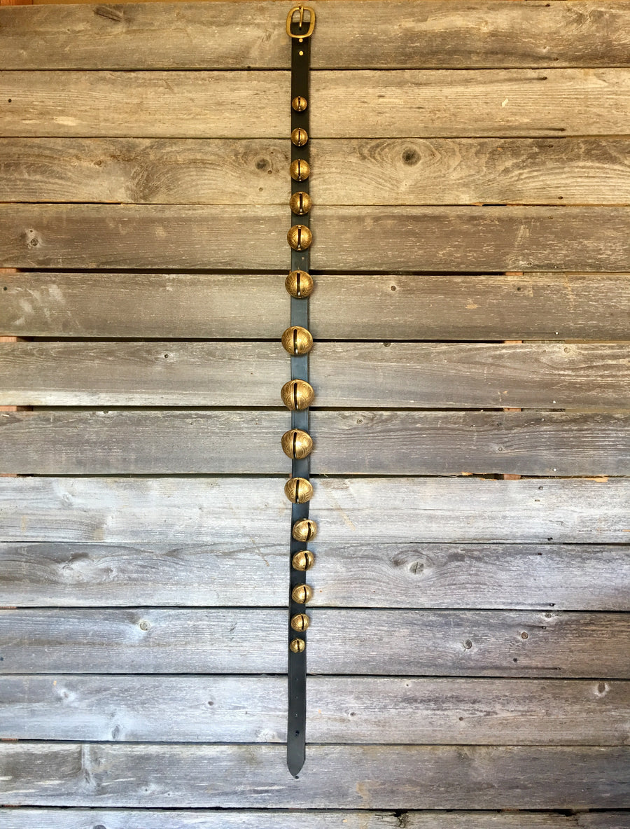 Sleigh Bells - Newly Made 64 inch black leather strap of 15 Bells