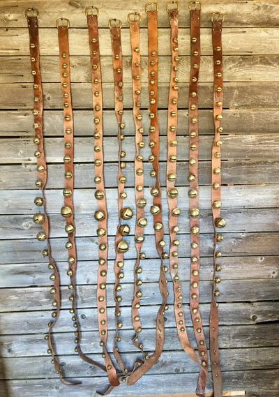 Sleigh Bells - 9 sets of brass bell strands on vintage brown leather in varying sizes